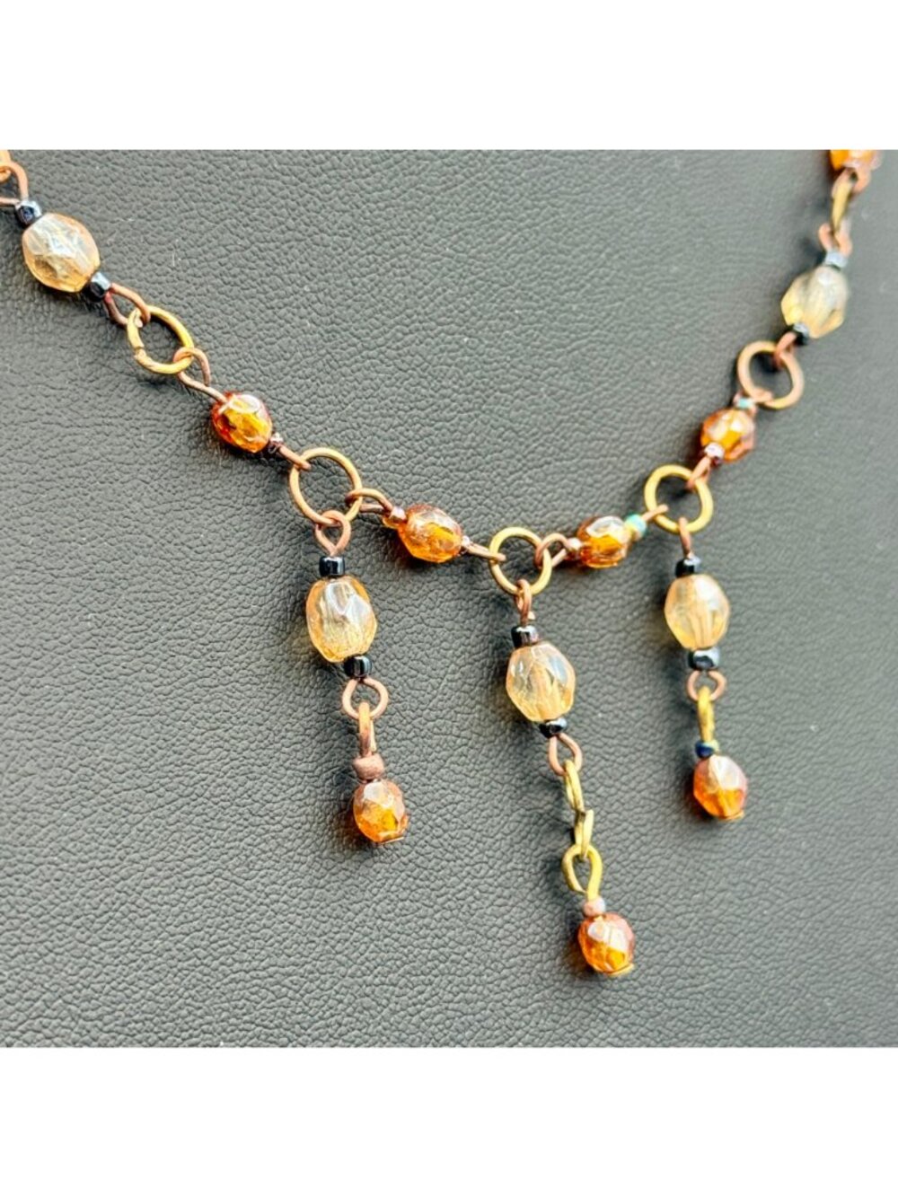 Vintage Choker Necklace Glass Beads Copper Chain Drop Elegant Bohemian Coquette - Picture 3 of 10